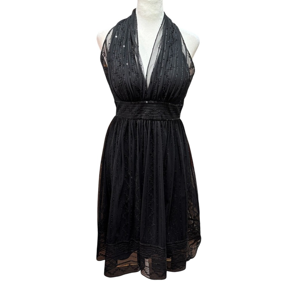 Maggy London Black Beaded Silk Halter Cocktail Dress Open Back Size 4‎ #775